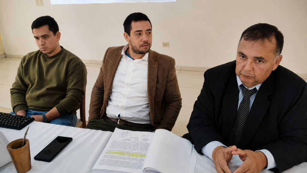Accionistas minoritarios de Azucarera Friedmann SA durante una conferencia de prensa sobre la denuncia.