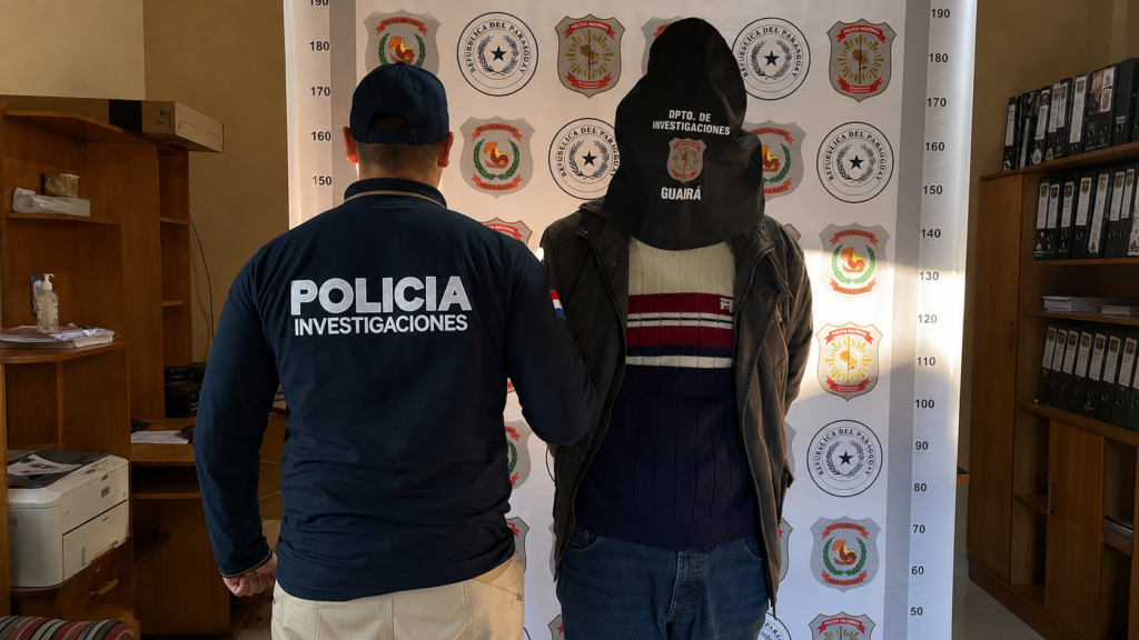 Carlos Aguilera González junto a un agente de Investigaciones, tras su detención en el departamento de Guairá.