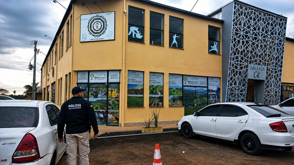 Agente policial frente a las oficinas de Nature Invest durante un allanamiento en Independencia.