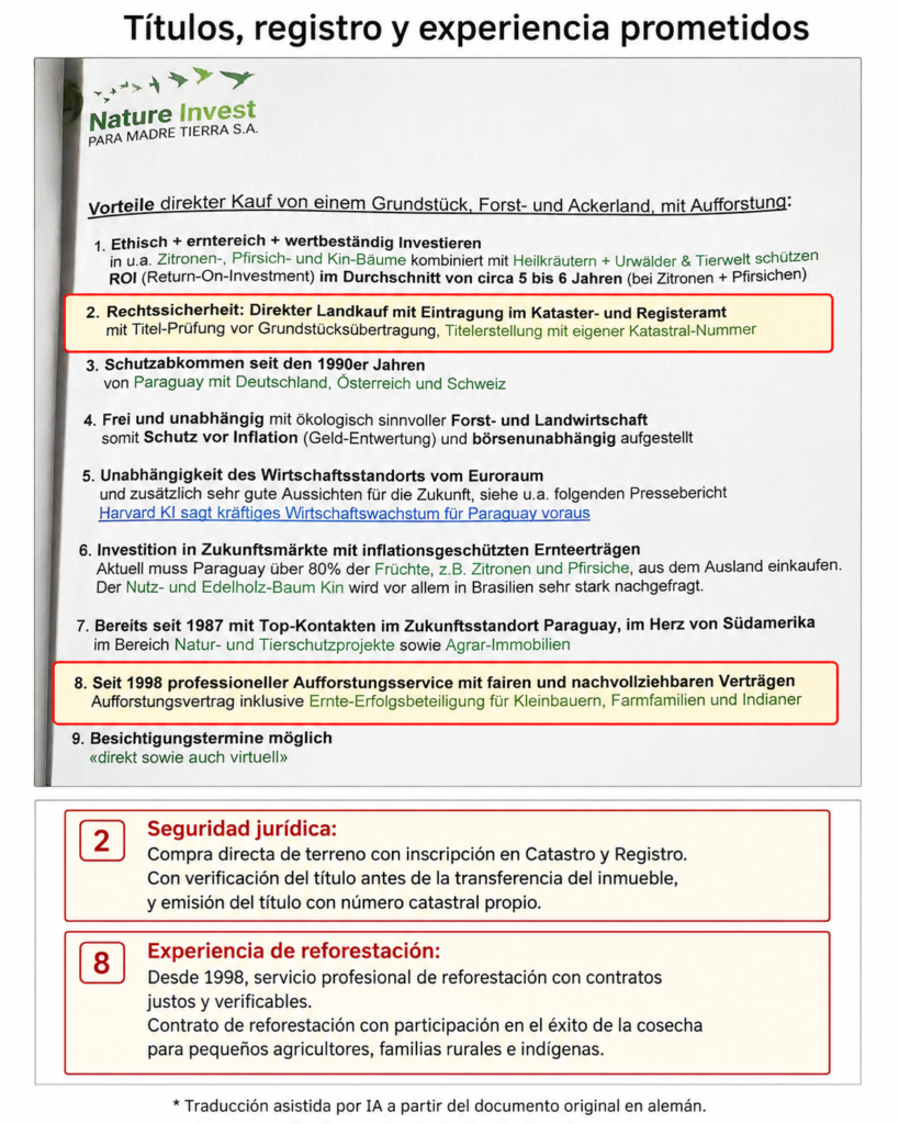 Folleto de Nature Invest que promete compra directa de terrenos con inscripción registral y servicio profesional de reforestación desde 1998.